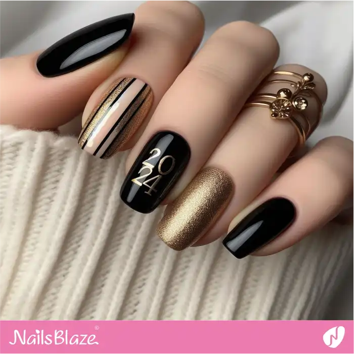 Black and Gold 2024 New Year's Nail Design | 2024 Nails - NB3711